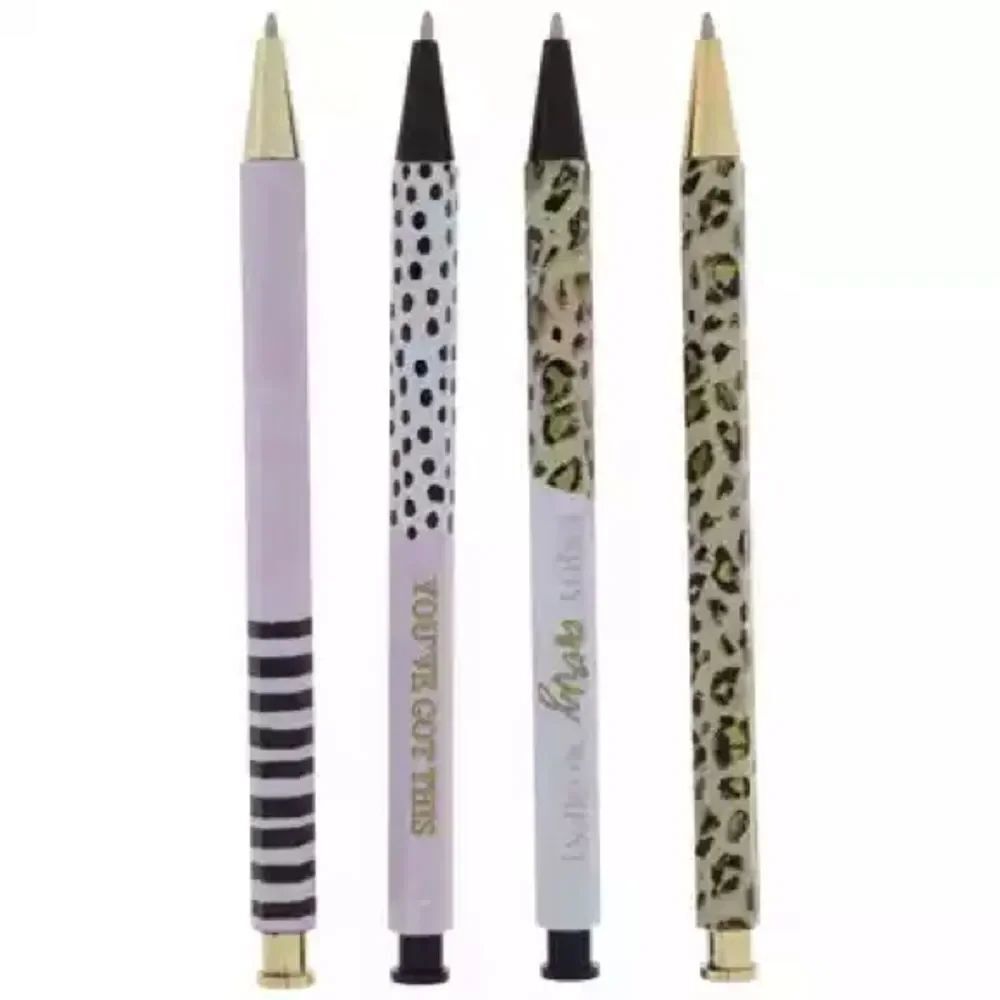 New Set of 4 Decorative Ballpoint Pens - Pastel Lavender, Black & Leopard Prints
